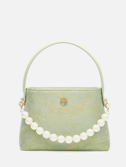 Elegant Green Brocade Pearl String Embroidered Leather Handbag
