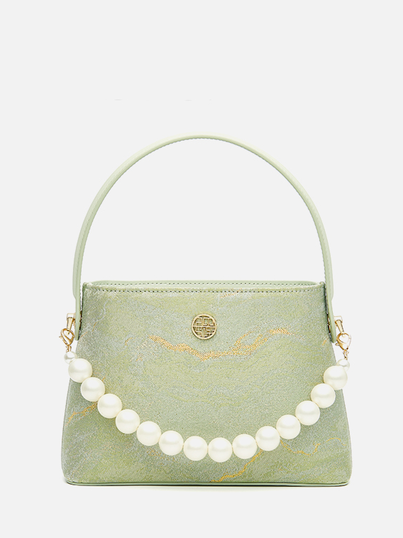 Elegant Green Brocade Pearl String Embroidered Leather Handbag