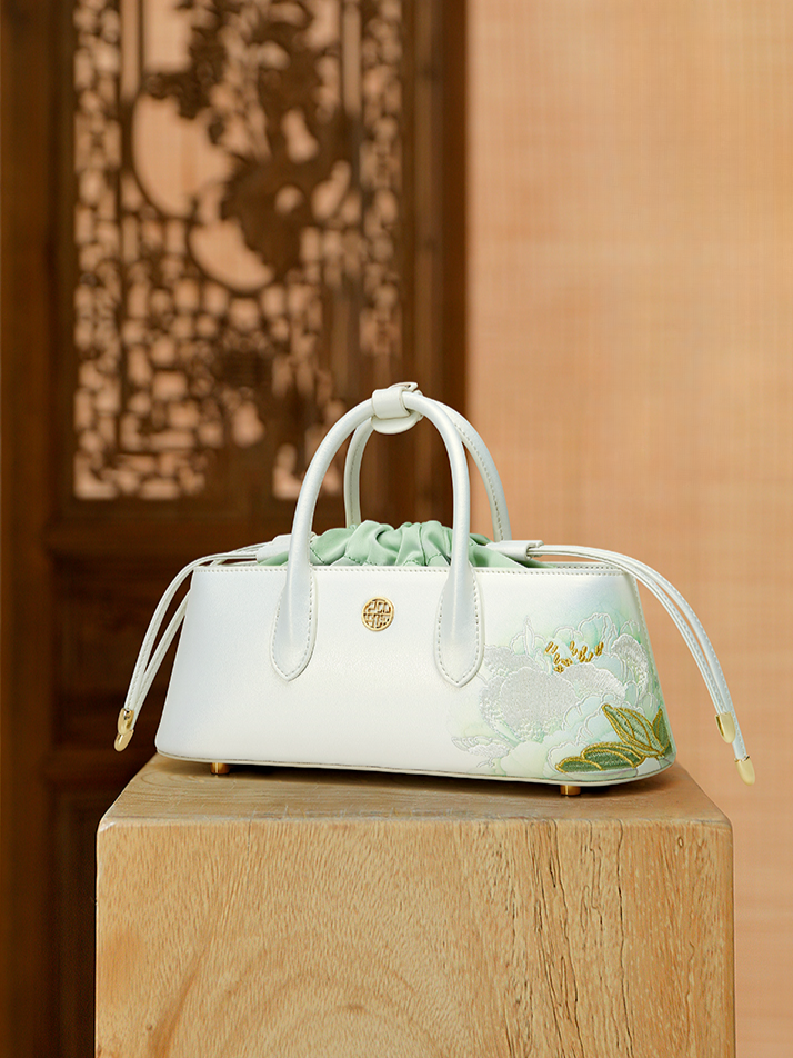Elegant Hibiscus Embroidered Leather Handbag