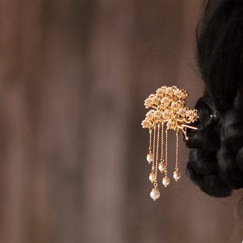 Double-Sided Pine Branch Metal Tassel Pearl Hairpin