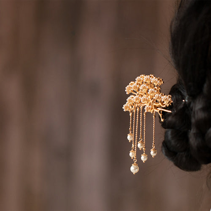 Double-Sided Pine Branch Metal Tassel Pearl Hairpin