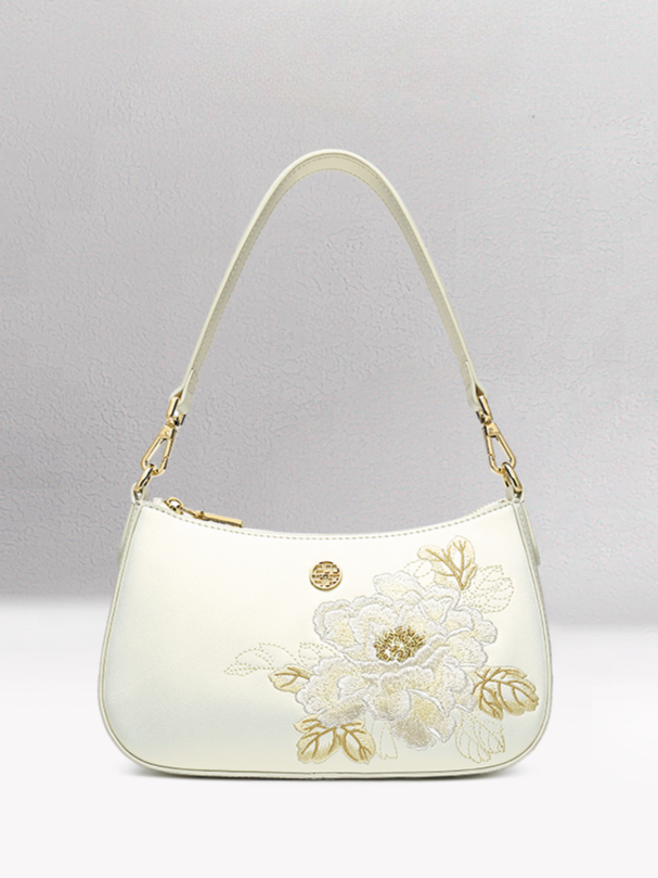 Elegant Peony Ode Embroidery Leather Handbag