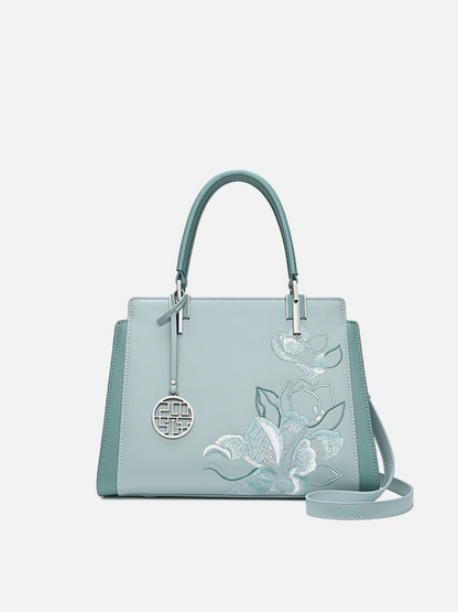Elegant Fragrant Snowy Magnolia Embroidered Genuine Leather Handbag