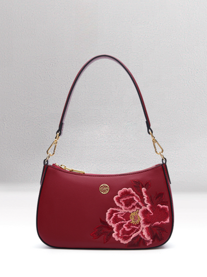 Prosperity Flowers Bloom Embroidered Genuine Leather Handbag