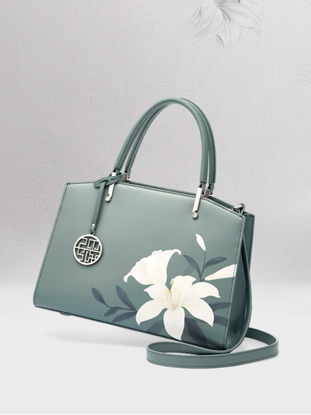 Greenish Lily Flower Leather Embroidery Handbag