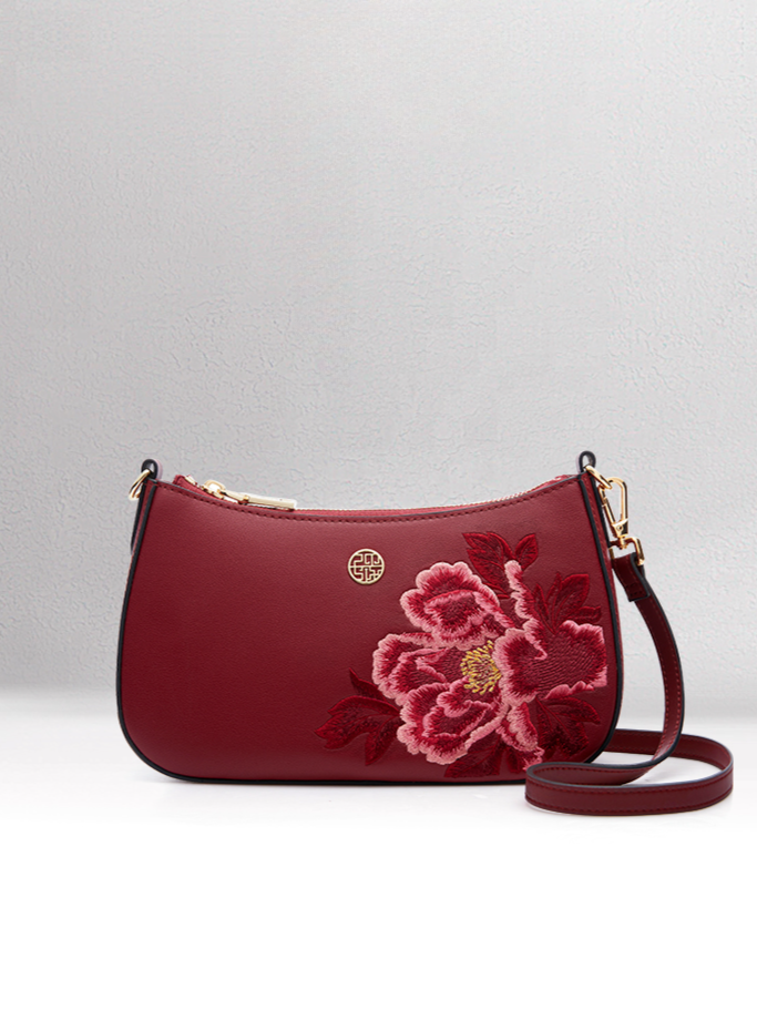 Elegant Flower Blossom Embroidered Leather Shoulder Bag