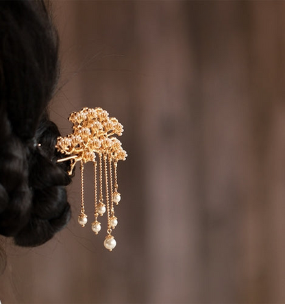 Double-Sided Pine Branch Metal Tassel Pearl Hairpin