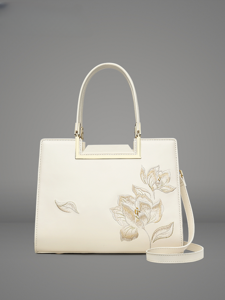 Auspicious Fragrant Snowy Magnolia Embroidered Leather Handbag