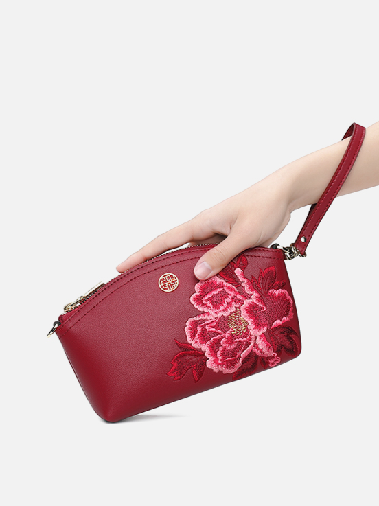 Prosperity Flower Blossom Embroidered Leather Purses