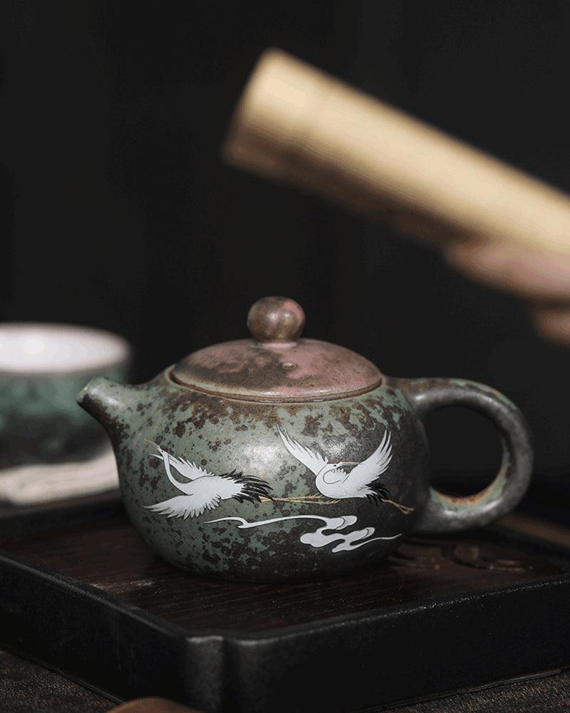 Handmade Red-Crowned Crane Rough Ceramic Teapot - gloriouscollection