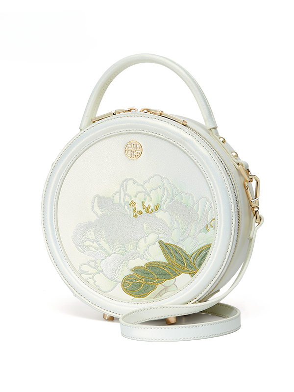 Elegant Water Lily Flower Embroidered Genuine Leather Round Handbag