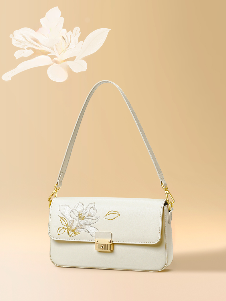 Elegant Jade Orchid Embroidered Leather Square Handbag