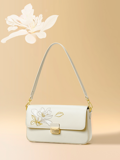 Elegant Jade Orchid Embroidered Leather Square Handbag