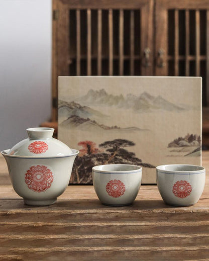 Blue And White Underglaze Red Porcelain Gaiwan Tea Set - gloriouscollection