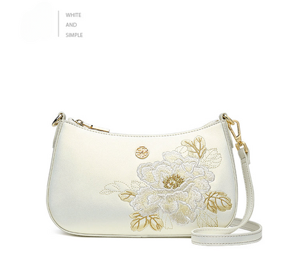 Prosperity Flowers Bloom Embroidered Genuine Leather Handbag