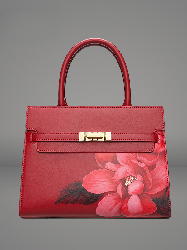 Peach Blossom Embroidered Genuine Leather Handbag
