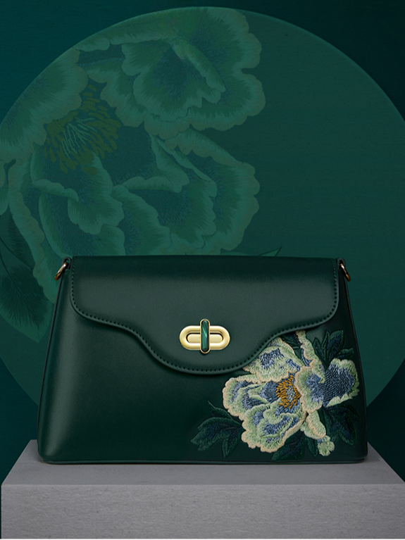 Elegant Prosperity Blossom Embroidered Leather Shoulder Bag
