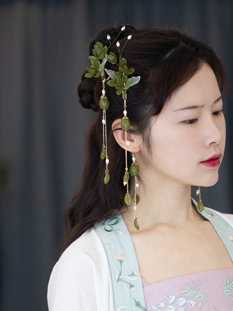 Antique-Style Green Glass Flower Tassel Hairpin