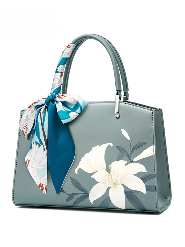 Greenish Lily Flower Leather Embroidery Handbag