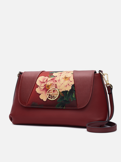 Vintage Peach Blossom Watered Gauze Embroidered Genuine Leather Shoulder Bag