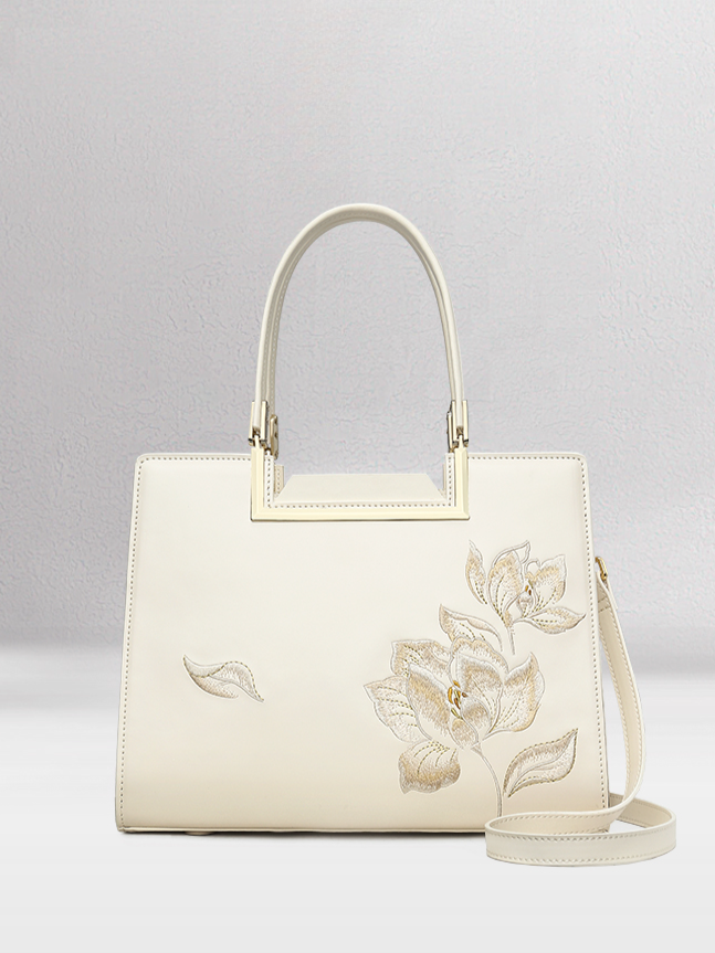 Elegant Snow Lotus Embroidered Leather Handbag