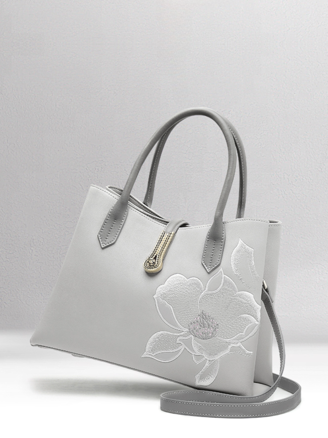 Vintage Ochid Design Embroidered Genuine Leather Handbag