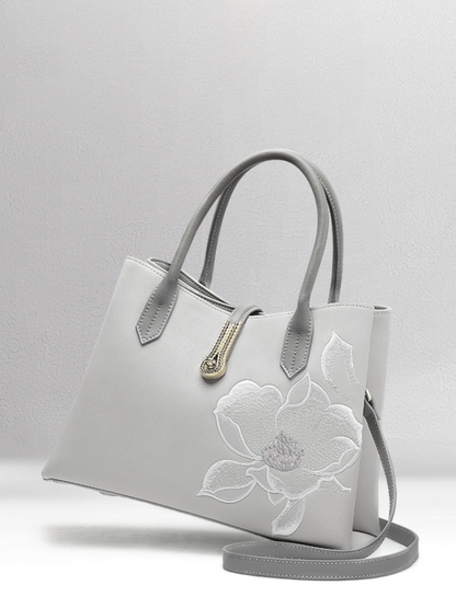 Vintage Ochid Design Embroidered Genuine Leather Handbag