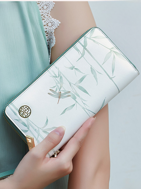 Elegant Bamboo Leaves Embroidered Leather Purse
