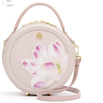 Elegant Lotus Ode Embroidered Genuine Leather Round Shoulder Bag