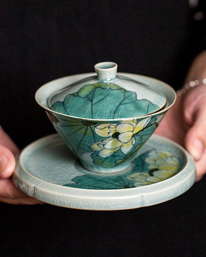Handpainting Lotus Crackle-Glaze Porcelain Gaiwan Tea Set - gloriouscollection