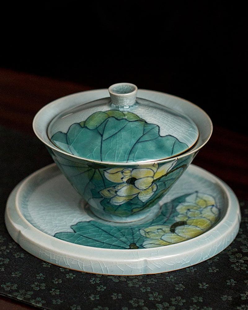 Handpainting Lotus Crackle-Glaze Porcelain Gaiwan Tea Set - gloriouscollection