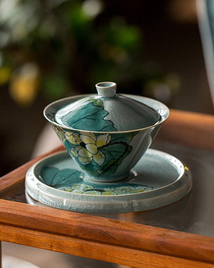 Handpainting Lotus Crackle-Glaze Porcelain Gaiwan Tea Set - gloriouscollection