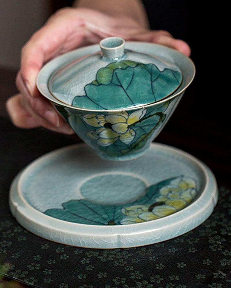 Handpainting Lotus Crackle-Glaze Porcelain Gaiwan Tea Set - gloriouscollection