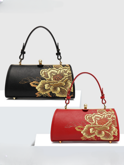 Elegant Peony Ode Embroidered Genuine Leather Handbag