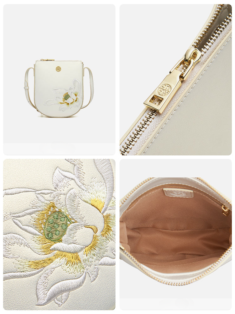 Elegant Lotus Love Embroidered Leather Shoulder Bag
