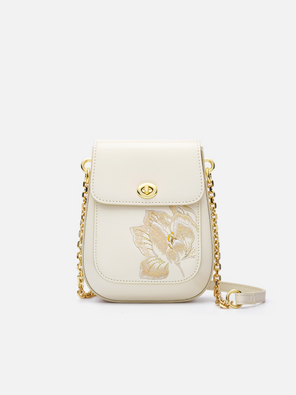 Elegant Snow Lotus Embroidered Leather Shoulder Bag