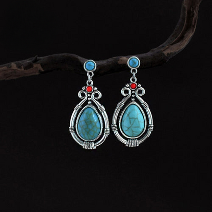 Tibetan Silver Turquoise Water Drop Carved Earrings