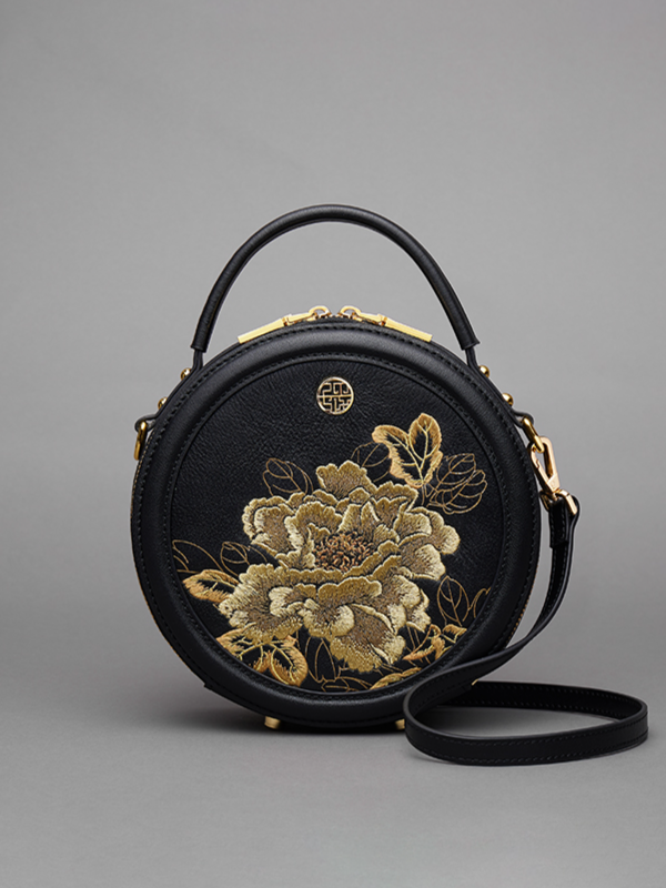 Elegant Peony Embroidered Leather Round Shoulder Bag