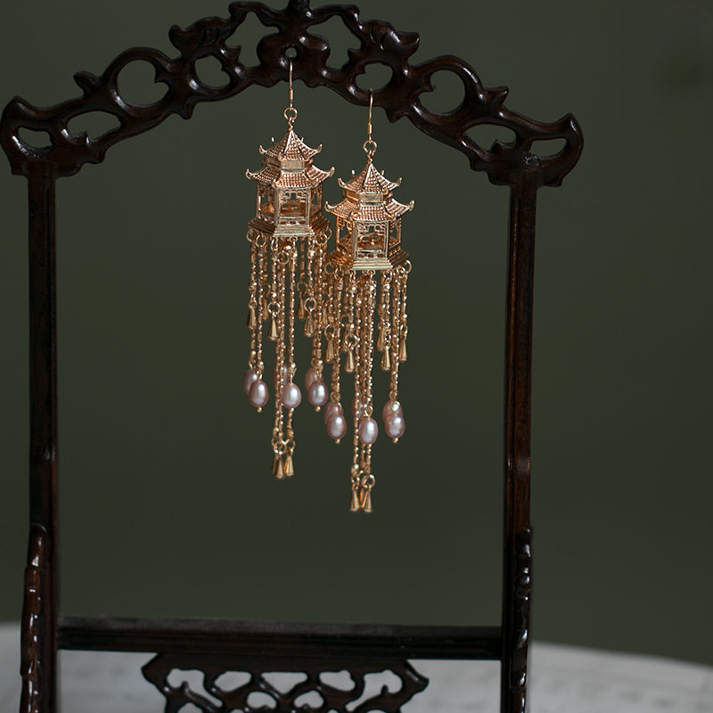 Pavilion Pearl Tassel Copper Earrings