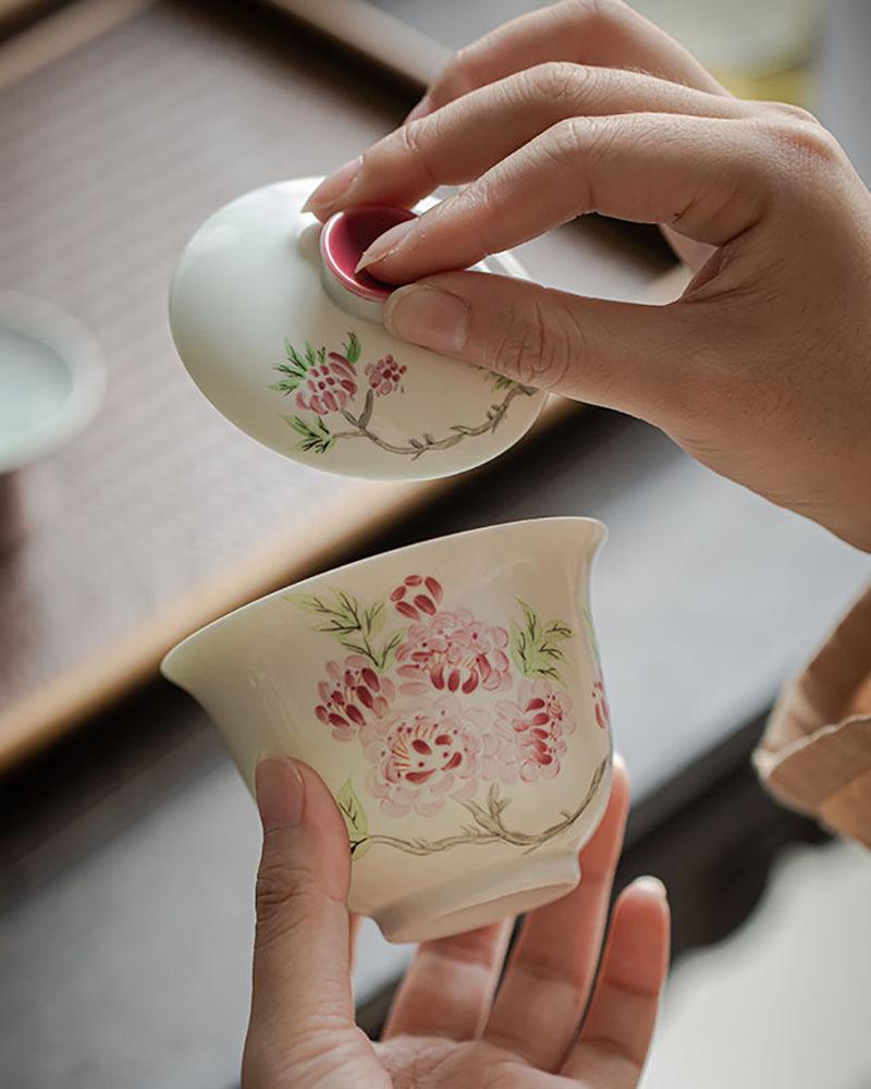 Hand-Painted Crab-Apple Eggshell Porcelain Gaiwan Tea Set - gloriouscollection