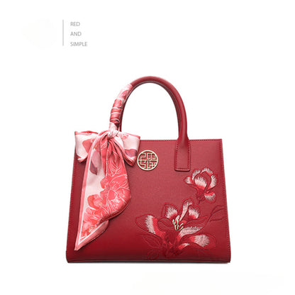 Elegant Jade Orchid Embroidered Genuine Leather Handbag