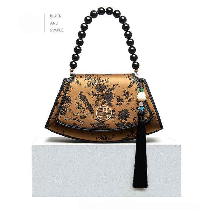 Vintage Bamboo Shadow Watered Gauze Embroidered Genuine Leather Handbag