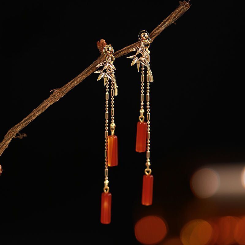 Elegant Red Bamboo Tassel Earrings Retro Classical Earrings