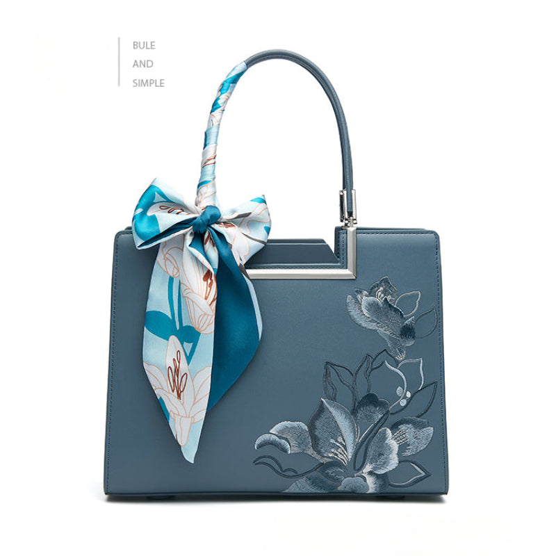 Auspicious Fragrant Snowy Magnolia Embroidered Leather Handbag