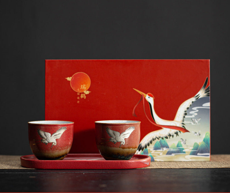 Vintage Vermilion Red Crane Tea Cup