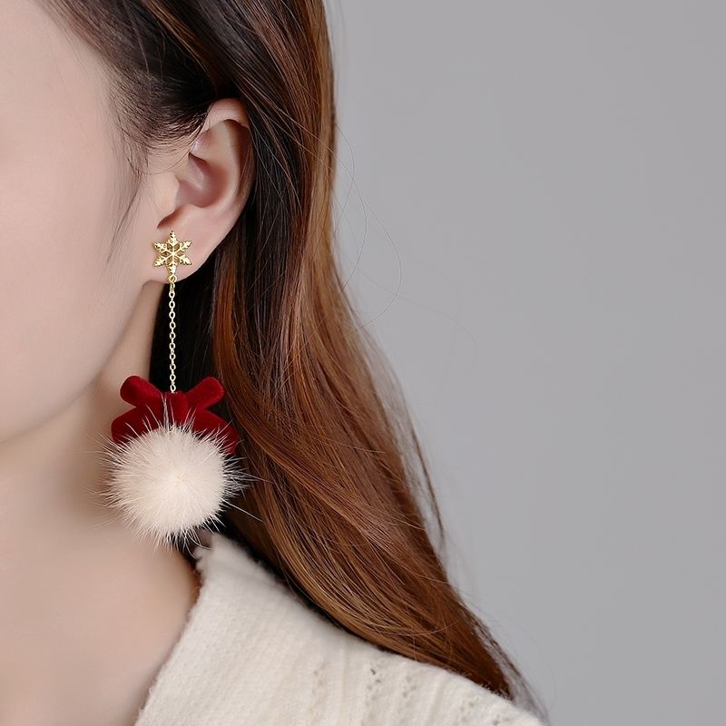 Snowflake Fur Ball Earrings Christmas Autumn Winter Red Bow Earrings