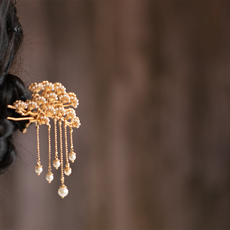 Double-Sided Pine Branch Metal Tassel Pearl Hairpin