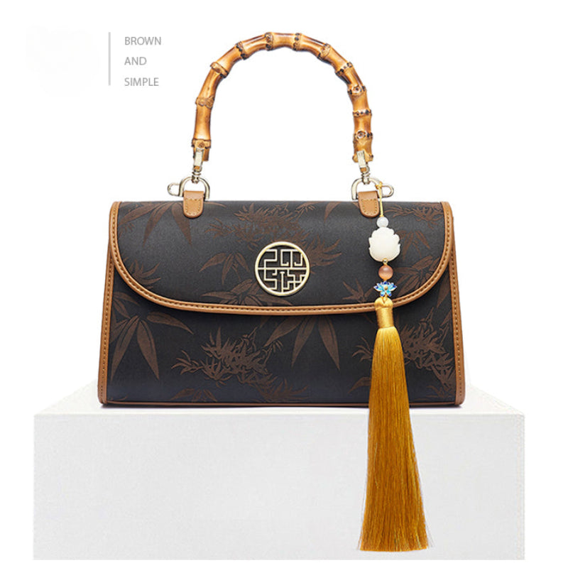 Bamboo Shadow Printed Leather Bamboo Handle Handbag