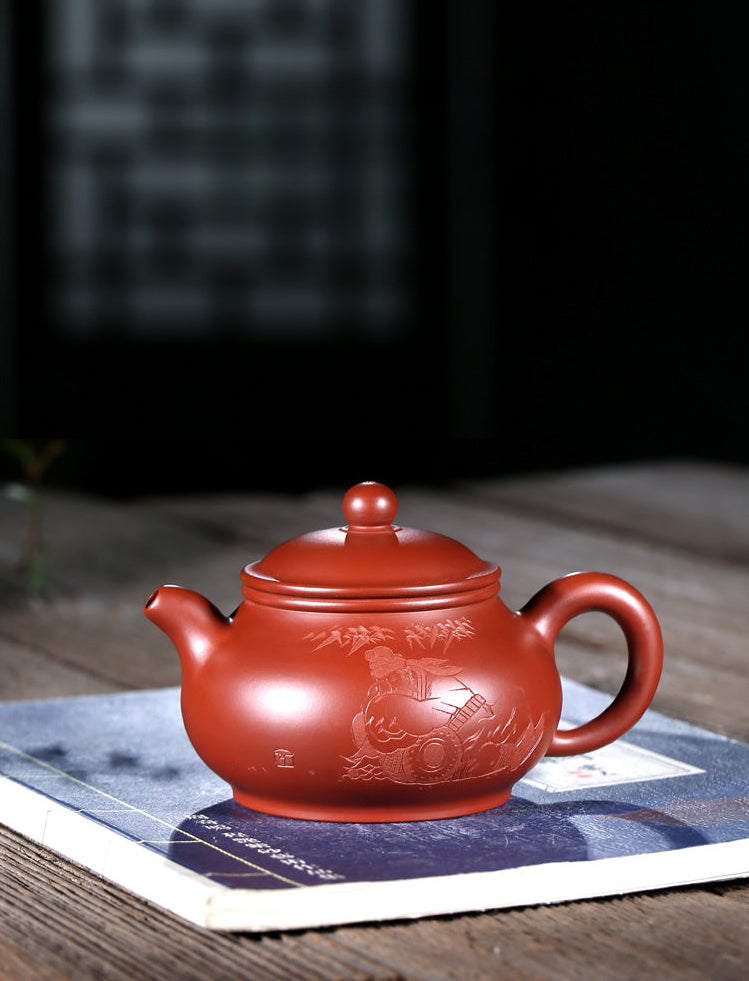 Yixing Purple Clay Carved Pan Teapot