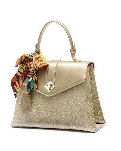 Gold Vine Embroidery Leather Handbag - gloriouscollection